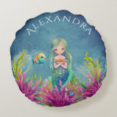 Coussins Ronds Nom du monogramme bleu Aquarelle sirène (Dos)