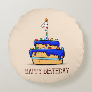 Coussins Ronds Nom personnalisé, 1er anniversaire, gâteau bleu do