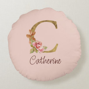 Coussins Ronds Nom personnalisé Blush Roses Rose lettre C en or