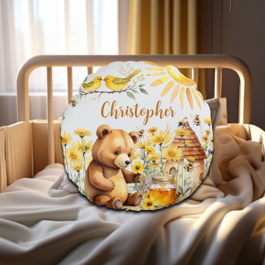 Coussins Ronds Nom personnalisé Honey Bees Teddy Bear