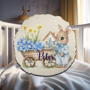 Coussins Ronds Nom personnalisé Lapin avec Fleurs Bleues