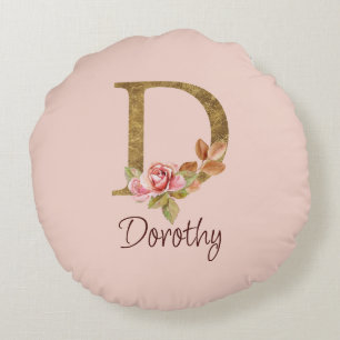 Coussins Ronds Nom personnalisé Roses roses blush feuille d'or Le