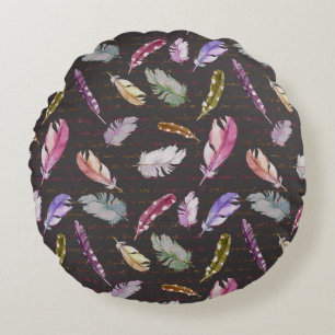 Coussins Ronds Notes des plumes : Aquarelle Motif d'oiseaux.