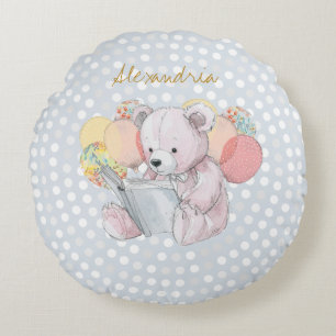 Coussins Ronds Nounours en peluche lisant un livre Bébé en fleurs
