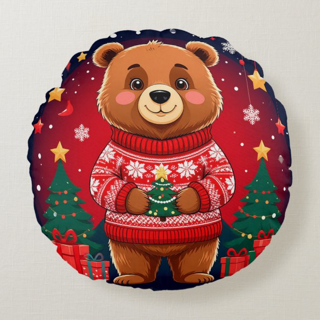 Coussins Ronds Nounours mignon en pull de Noël (Devant)