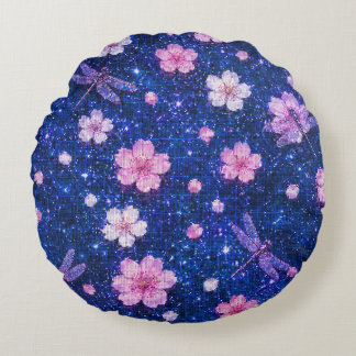 Coussins Ronds Nuit de fleur de rêve avec fleurs de cerisier et d