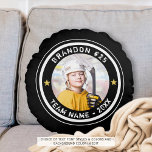 Coussins Ronds Numéro du joueur de hockey personnalisé Photo Votr<br><div class="desc">Créez un coussin photo personnalisé de votre joueur de hockey préféré (ou de tout sport). Le design comprend une photo, un texte modifiable (l'exemple suggère le nom et le numéro du joueur et le nom de l'équipe et l'année) en blanc par rapport à votre choix de couleur arrière - plan...</div>