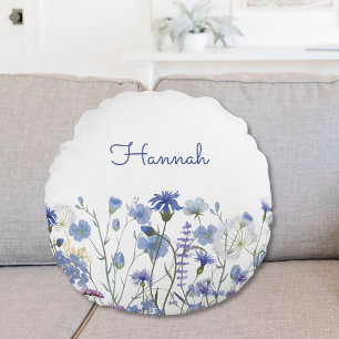 Coussins Ronds Nurserie de fleurs sauvages à l'aquarelle bleue av