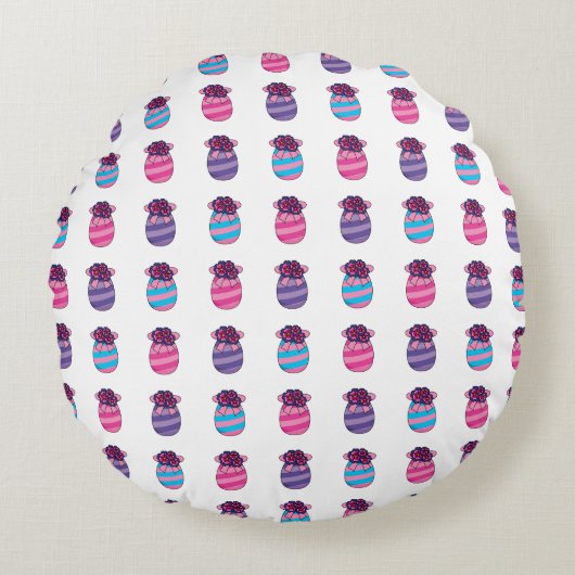 Coussins Ronds Oeufs de Pâques aux fleurs et au ruban (Devant)