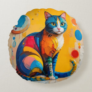 Coussins Ronds Œuvre d'art abstraite colorée de chat