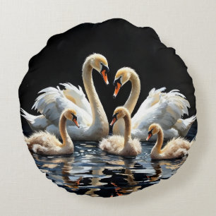 Coussins Ronds Œuvre d'art de la famille de cygnes sur le lac noi