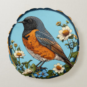 Coussins Ronds Oiseau coloré avec cadre floral