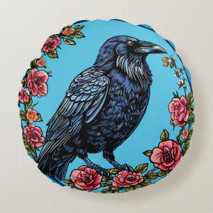 Coussins Ronds Oiseau coloré avec cadre floral