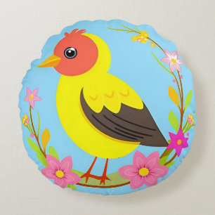 Coussins Ronds Oiseau Coloré Entouré de Couronne de Fleurs