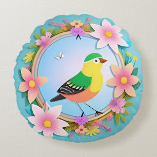Coussins Ronds Oiseau Coloré Entouré de Couronne de Fleurs
