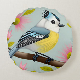 Coussins Ronds Oiseau coloré sur une branche encadré de fleurs