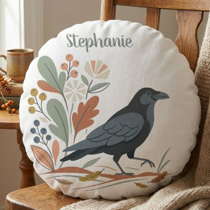 Coussins Ronds Oiseau Corbeau Noir Botanique Automne