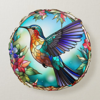 Coussins Ronds Oiseau de Humming dans le style de verre tendu