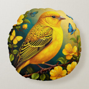 Coussins Ronds Oiseau jaune perché parmi les fleurs éclatantes