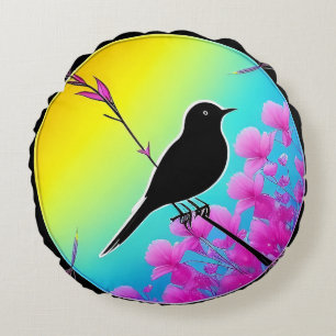 Coussins Ronds Oiseau Sur Une Branche Avec Un Contexte Artistique