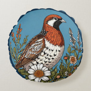 Coussins Ronds Oiseau vibrant entouré de fleurs sauvages colorées