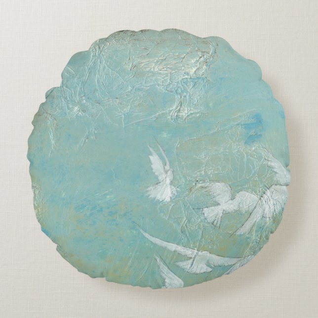 Coussins Ronds Oiseaux blancs à travers le ciel bleu (Devant)