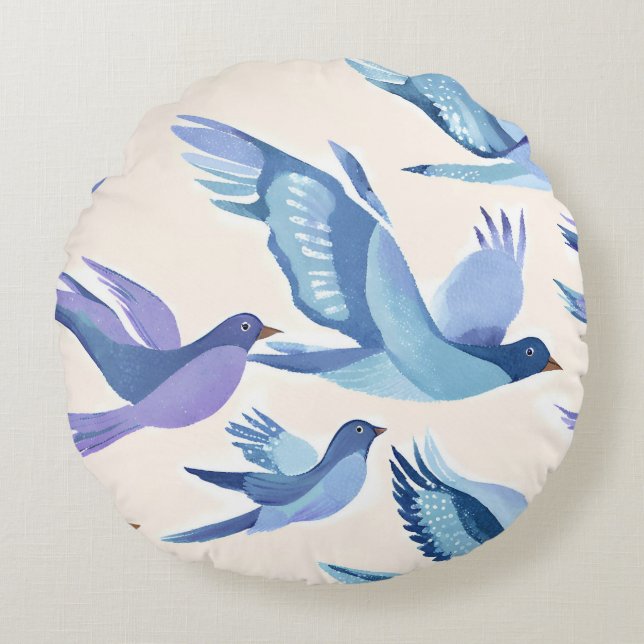 Coussins Ronds Oiseaux bleus volant | Aquarelle moderne (Devant)