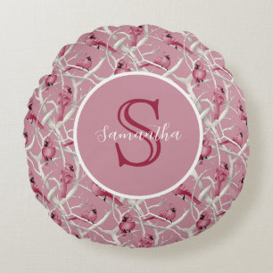 Coussins Ronds Oiseaux cardinaux gris rose Monogramme personnalis
