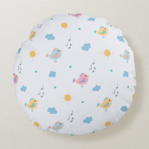 Coussins Ronds Oiseaux chanteurs et motif de notes de musique