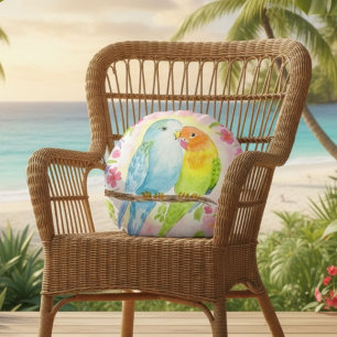 Coussins Ronds Oiseaux d'amour à l'aquarelle avec fleurs roses