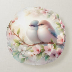 Coussins Ronds Oiseaux d'amour de printemps Fleur de cerisier Flo