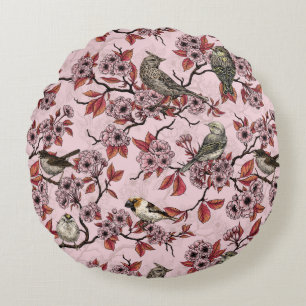 Coussins Ronds Oiseaux et fleurs de cerisier sur fond rose