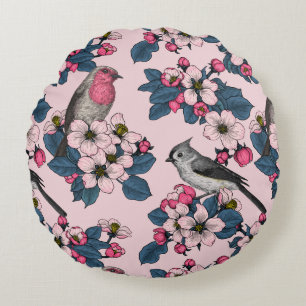 Coussins Ronds Oiseaux et fleurs roses