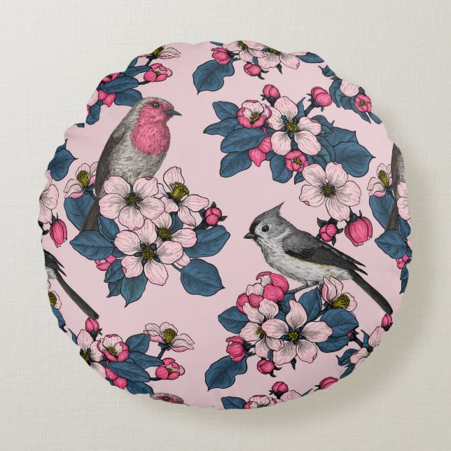 Coussins Ronds Oiseaux et fleurs roses (Devant)