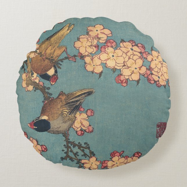 Coussins Ronds Oiseaux Fleurs Hokusai Art Japonais (Devant)