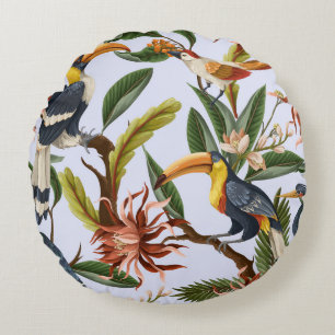 Coussins Ronds Oiseaux & Fleurs : Motif Vintage tropical.