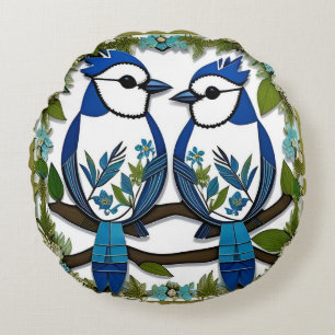 Coussins Ronds Oiseaux geai bleu en papier découpé