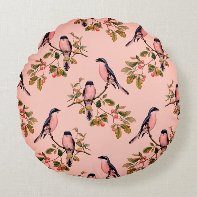 Coussins Ronds Oiseaux roses sur Branches Pays réversible (Devant)