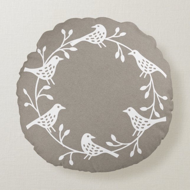 Coussins Ronds Oiseaux scandinaves avec couronne de rosehips (Devant)