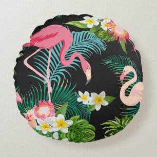 Coussins Ronds Oiseaux tropicaux Fleurs Flamant rose Paysage aqua