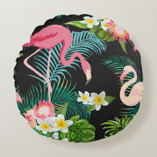 Coussins Ronds Oiseaux tropicaux Fleurs Flamant rose Paysage aqua