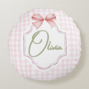 Coussins Ronds Olivia Bow rose personnalisé & En vichy imprimer