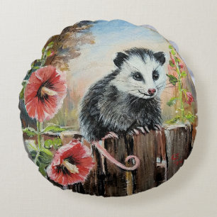 Coussins Ronds Opossum et hollyhocks Oreiller