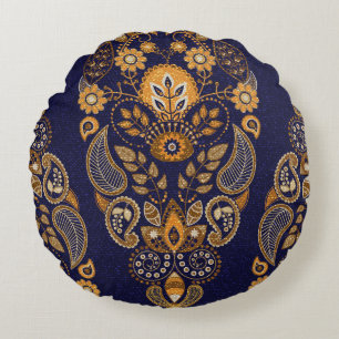 Coussins Ronds Or et bleu, motif sans couture fleurie.