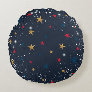 Coussins Ronds Or, stars rouges, snowflakes on blue. Solive