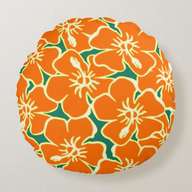 Coussins Ronds Orange Hibiscus Fleurs Tropical Hawaiian Luau (Devant)