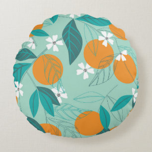 Coussins Ronds Oranges en fleurs, feuille, art vintage.