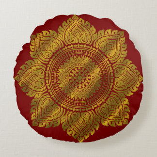 Coussins Ronds Oreiller de luxe rouge à motif mandala doré