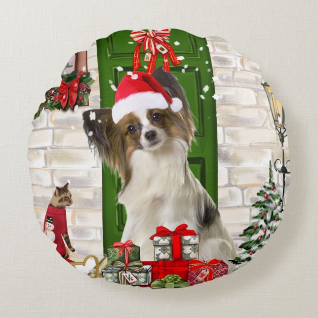 Coussins Ronds Oreiller de Noël de chien Papillon (Devant)