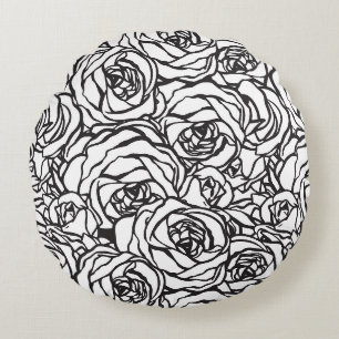 Coussins Ronds Oreiller décoratif floral noir et blanc